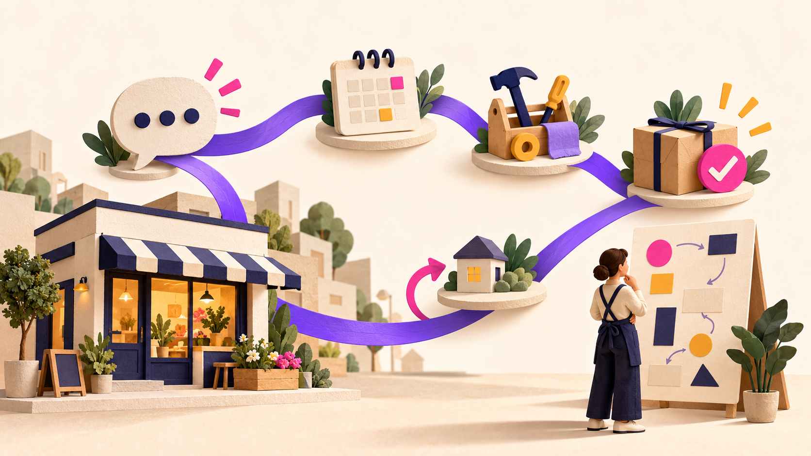 Conceptual paper sculpture of a local shop connected to enquiry, scheduling, service and follow-up, with a person overseeing the plan.