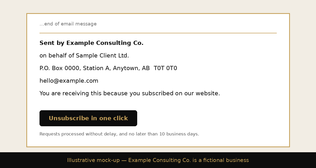 Illustrative mock-up of a CASL-compliant email footer for Example Consulting Co.