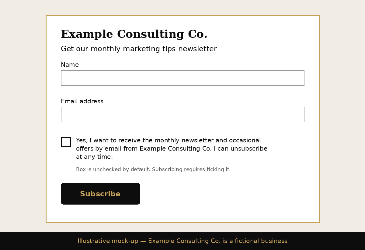 Illustrative mock-up of a newsletter sign-up form with an unchecked consent box, for Example Consulting Co.