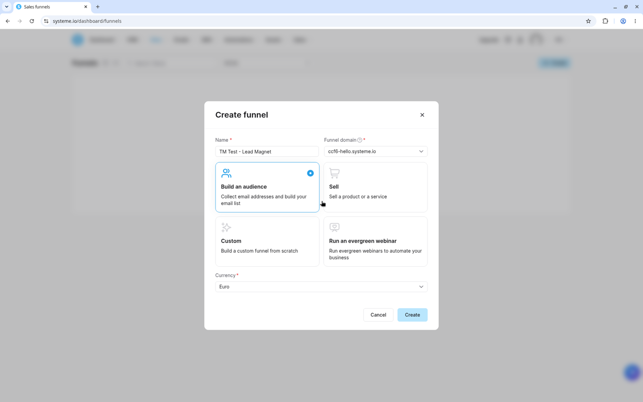Create funnel dialog with domain and Euro currency