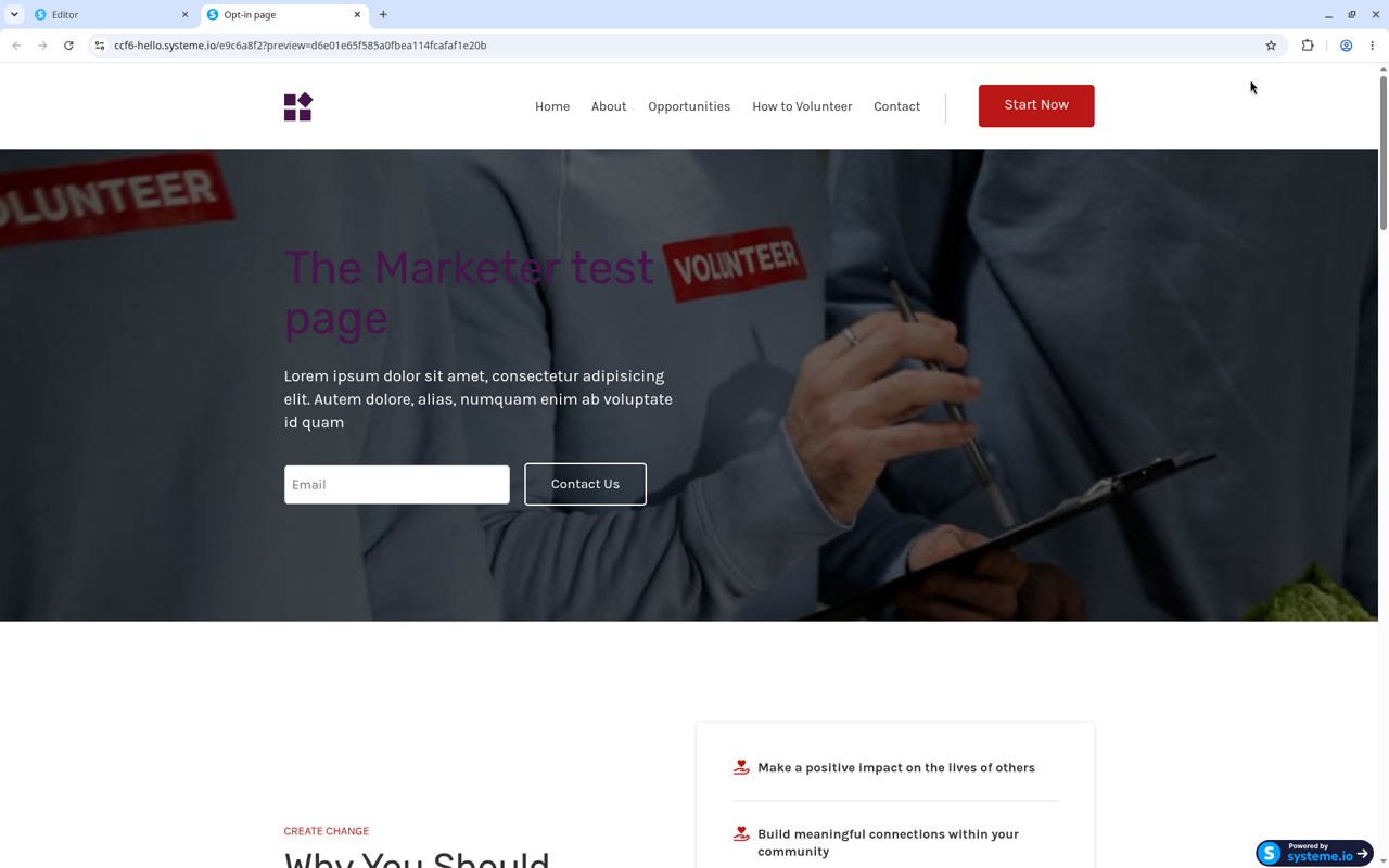 Opt-in page preview with placeholder text