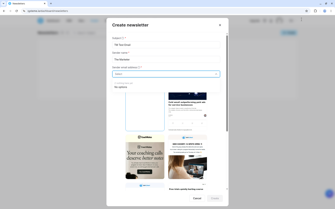 Create newsletter dialog with sender email showing No options