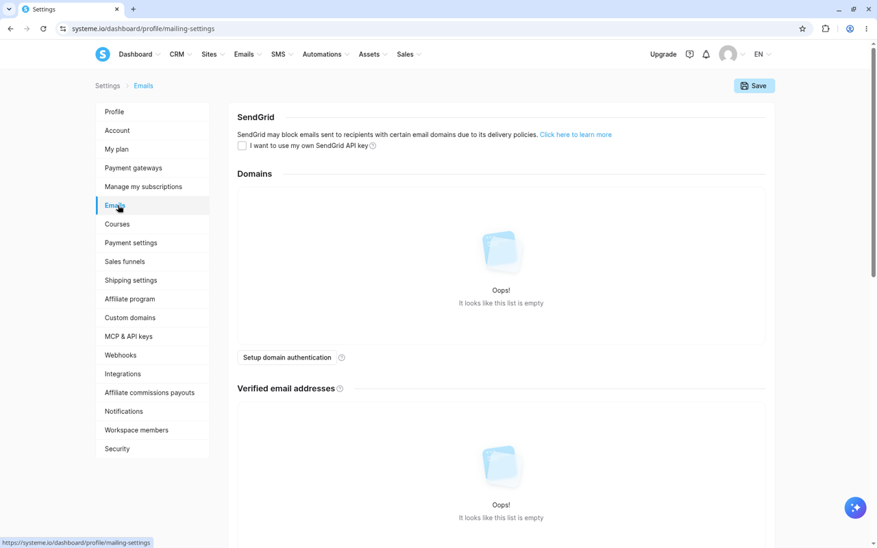 Settings Emails page showing SendGrid section and empty Domains list