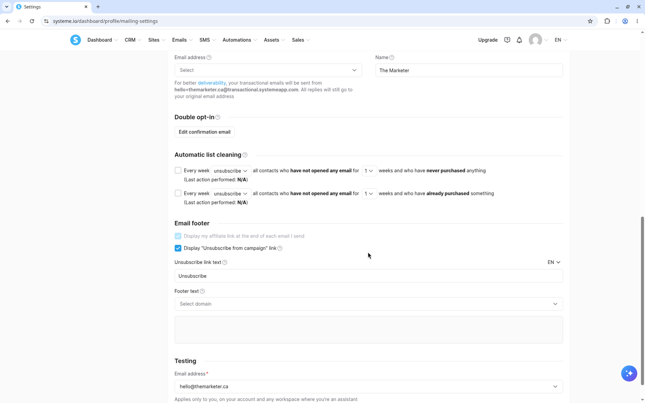 Email settings: email footer with locked affiliate link checkbox