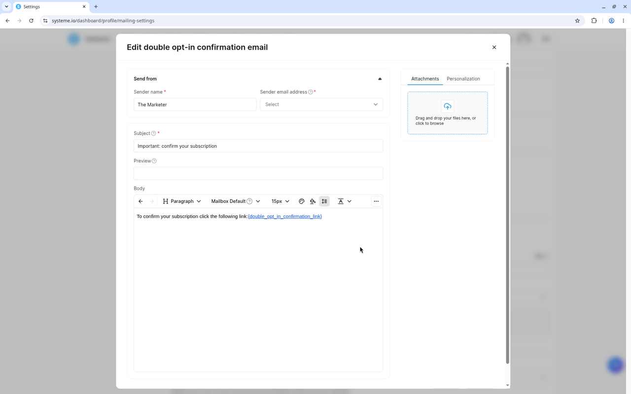 Double opt-in confirmation email editor
