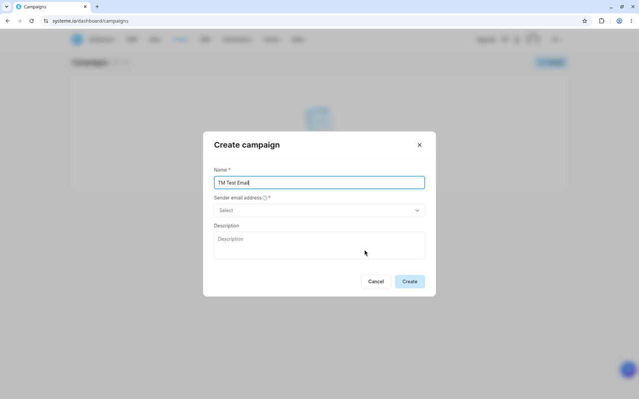 Create campaign dialog with required sender email field empty