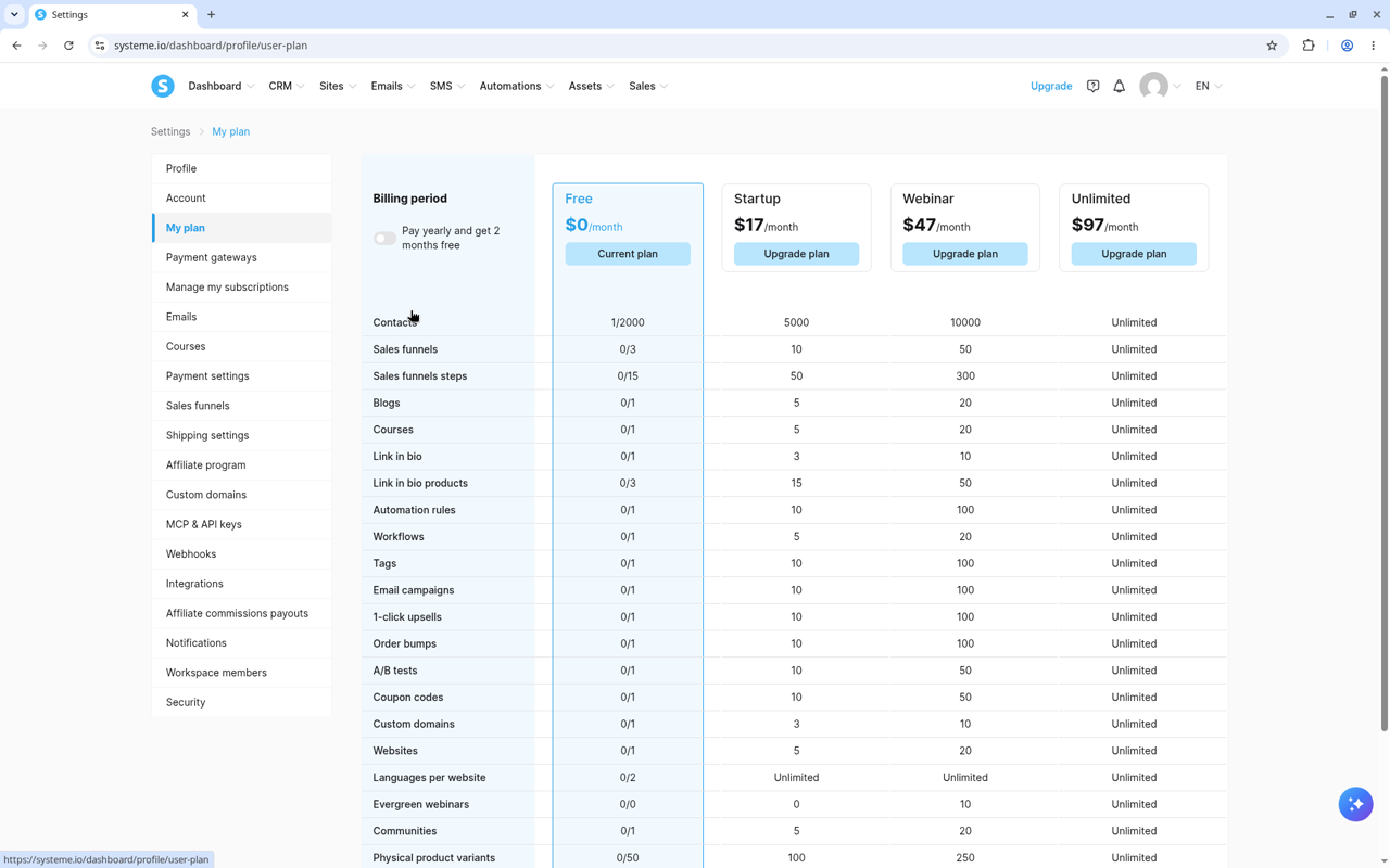 Systeme.io My plan page with the free plan column highlighted