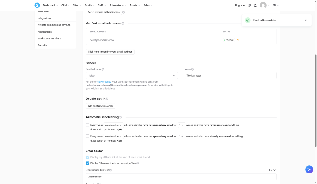 Verified email address with warning, sender dropdown still empty
