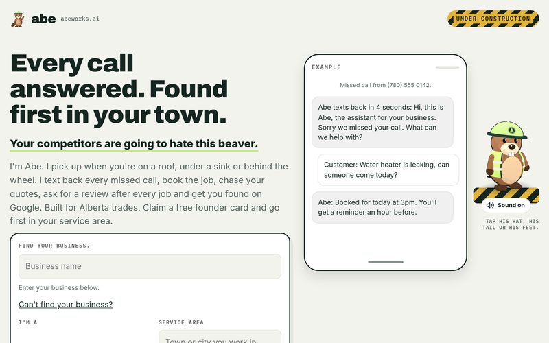 The abeworks.ai homepage, showing Abe the beaver and an example text conversation