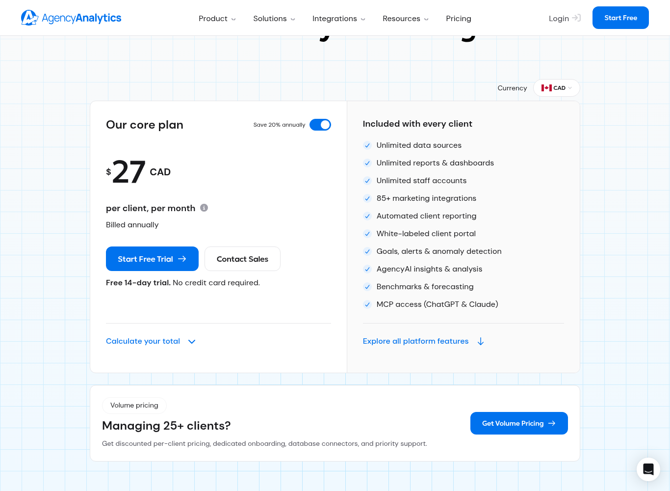 AgencyAnalytics pricing page with CAD selected and annual billing, showing the core plan at $27 CAD per client, per month