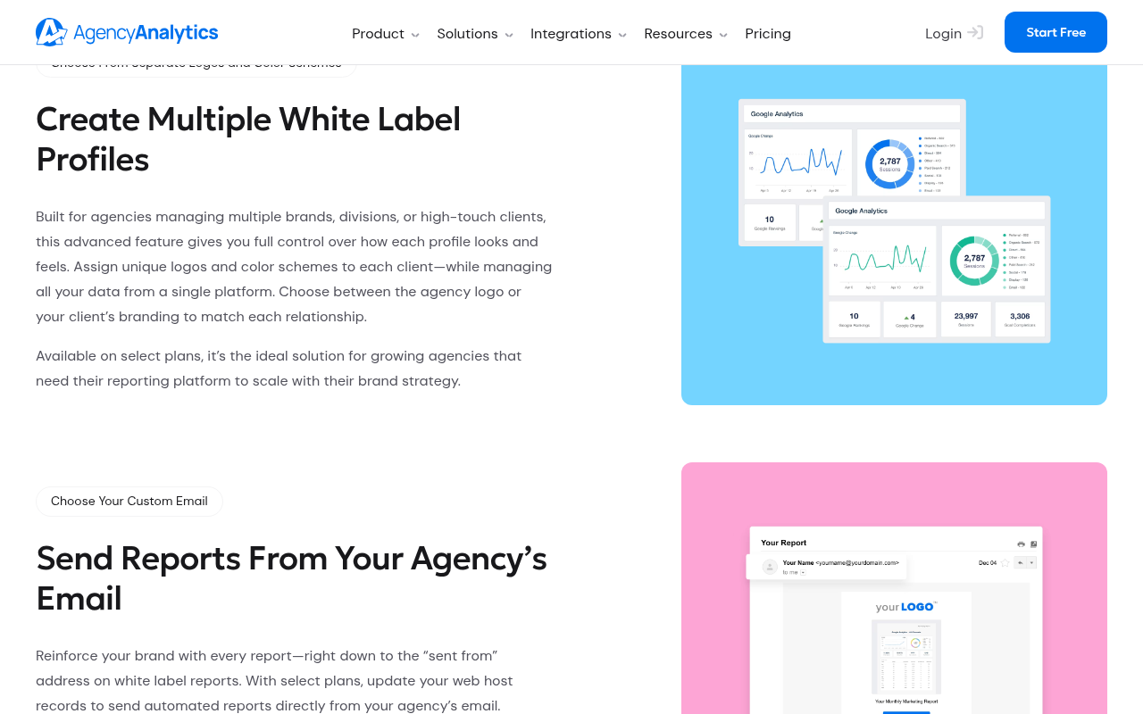 AgencyAnalytics white-label feature page with the wording “Available on select plans” and “With select plans”