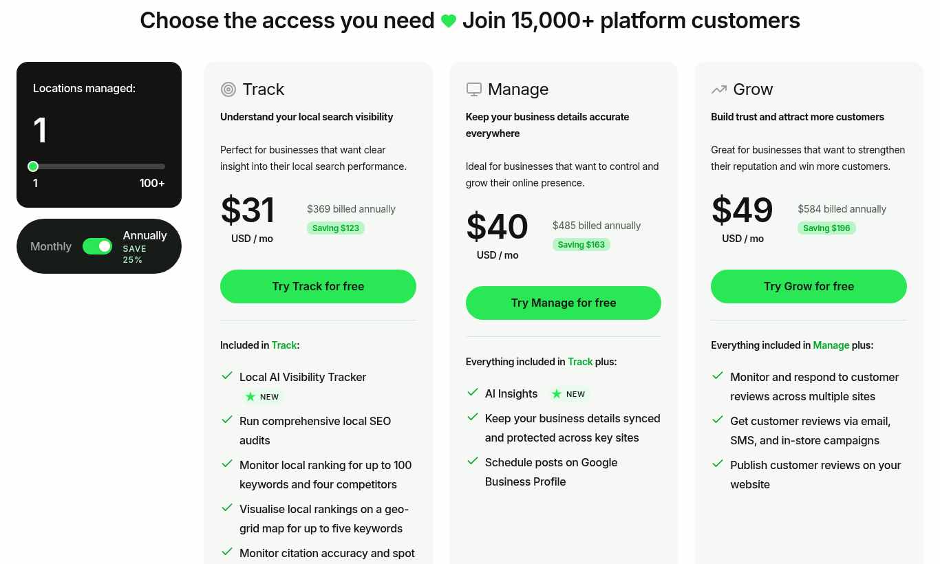 BrightLocal Track, Manage and Grow price cards for one location, billed annually