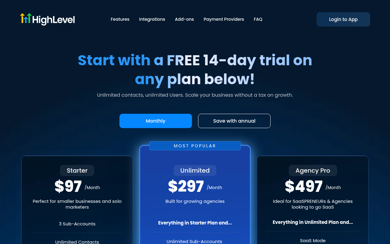 GoHighLevel's pricing page showing the Starter, Unlimited and Agency Pro plans at $97, $297 and $497 per month, with no currency label