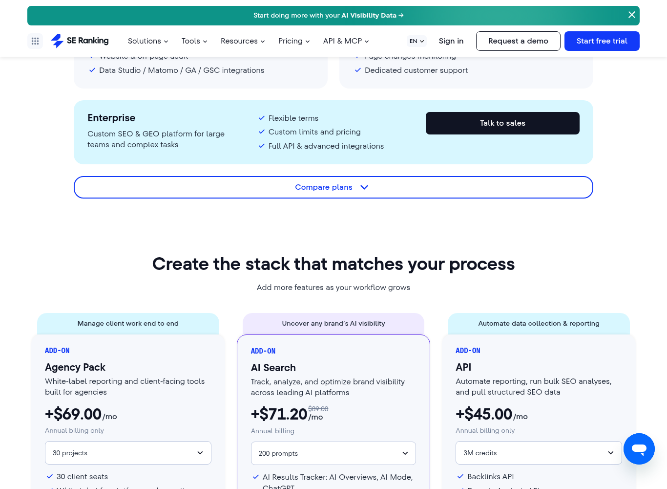 SE Ranking Agency Pack add-on card at +$69 per month, billed annually, with 30 client seats