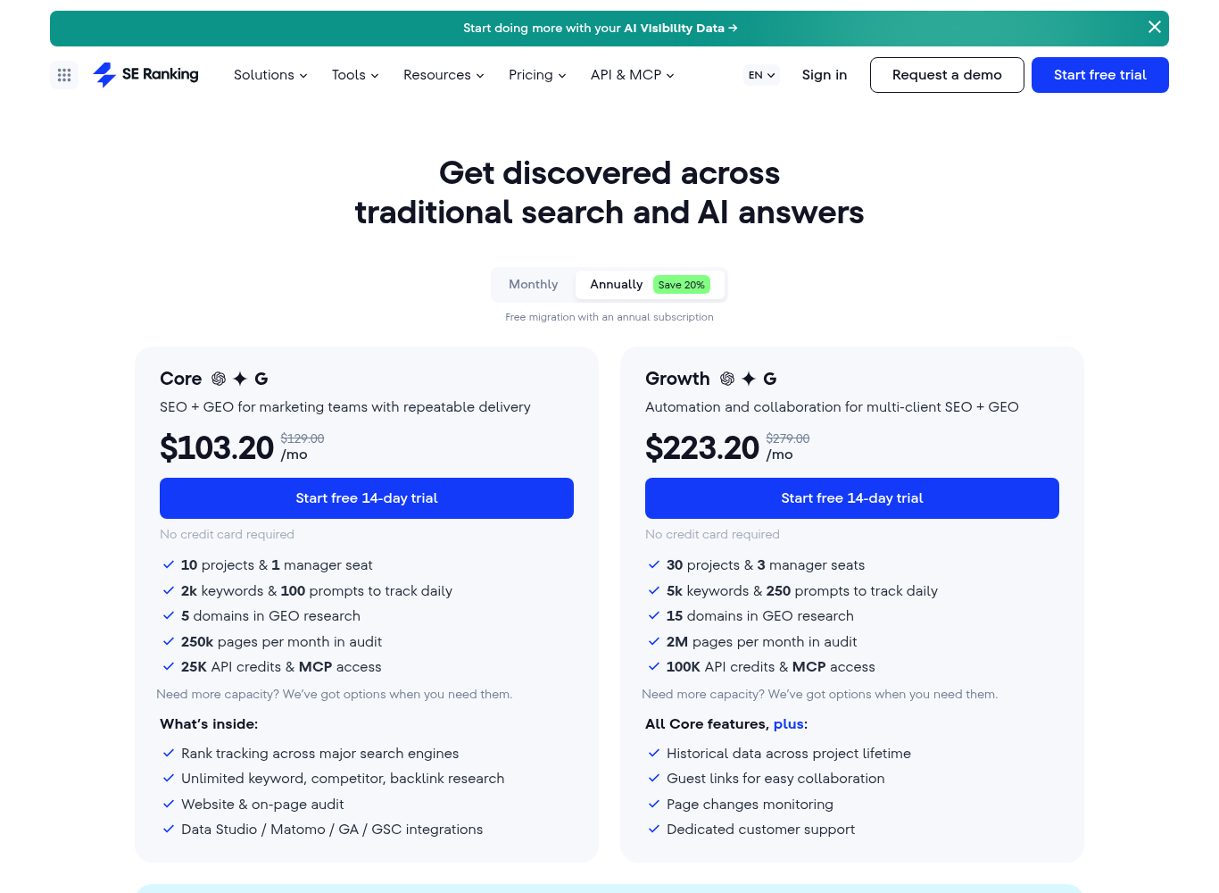 SE Ranking pricing page with annual billing selected, showing the Core and Growth plan cards