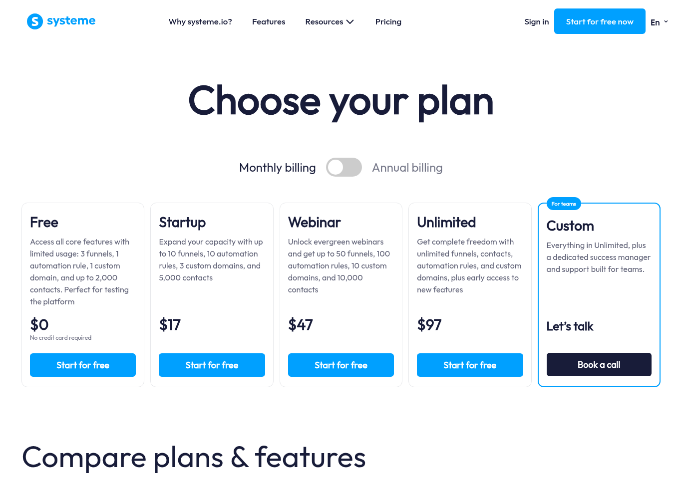 Systeme.io pricing page with monthly billing: Free $0, Startup $17, Webinar $47 and Unlimited $97