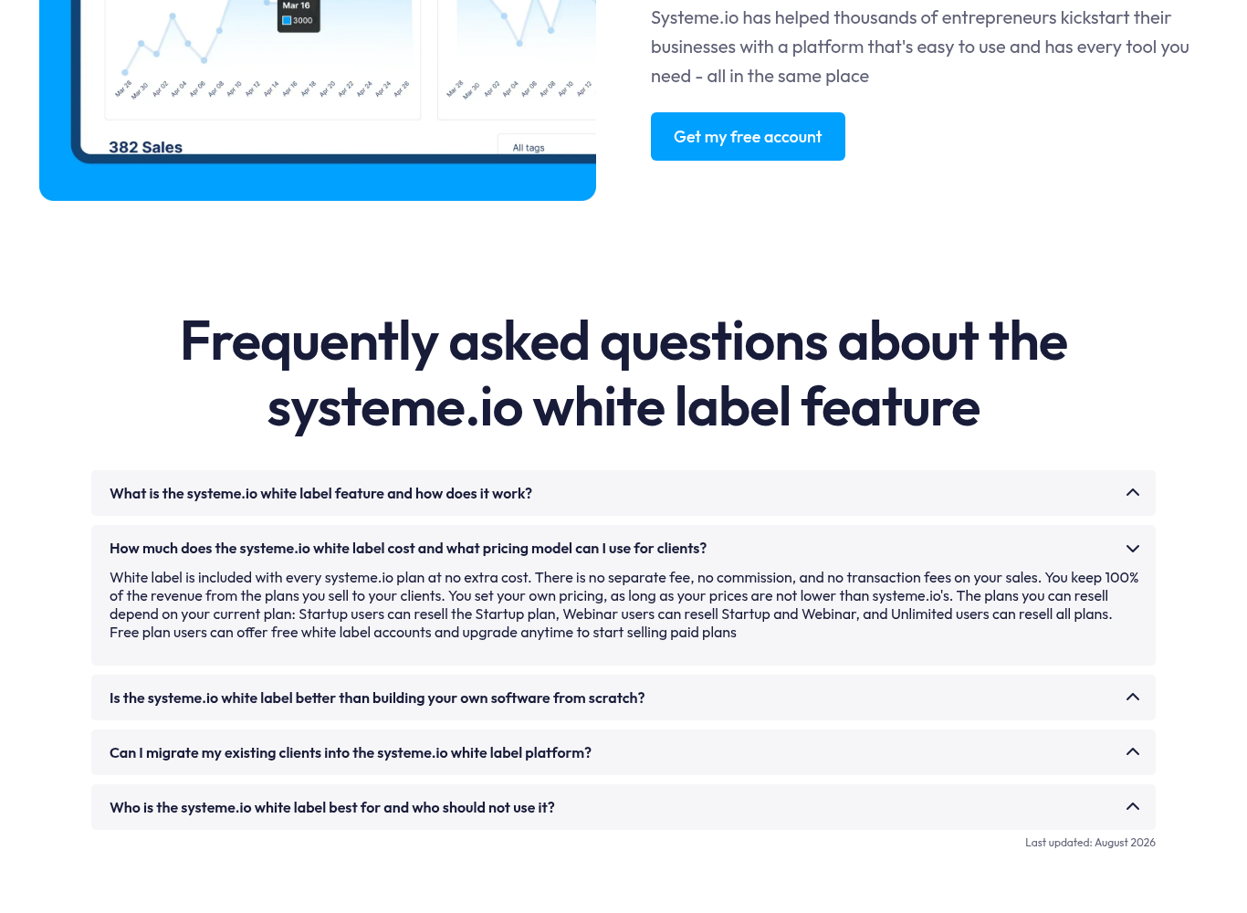 Systeme.io white label FAQ expanded, saying white label is included with every plan, prices can't be lower than Systeme.io's, and which plans each user can resell