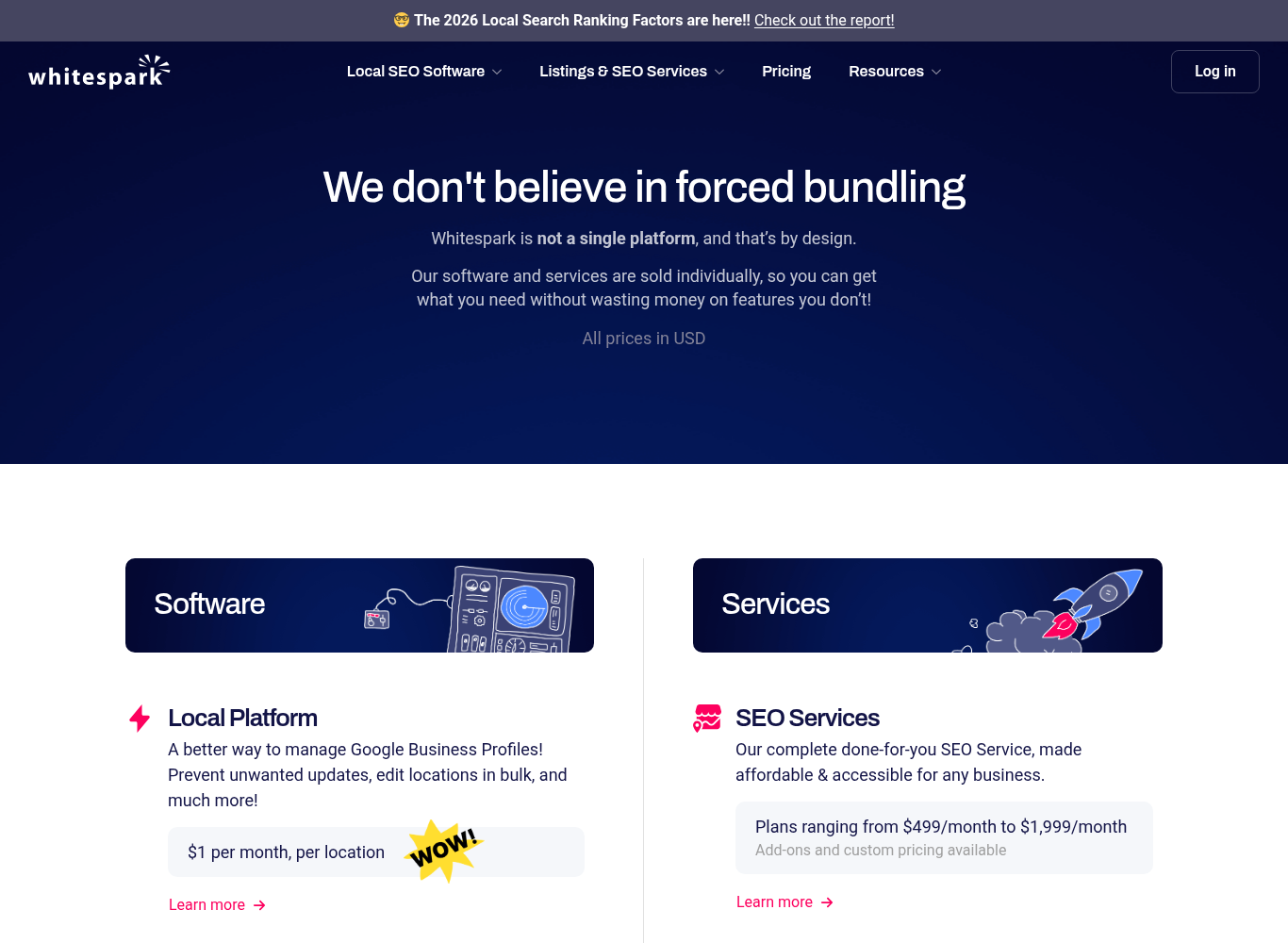 Whitespark pricing hub with the note All prices in USD